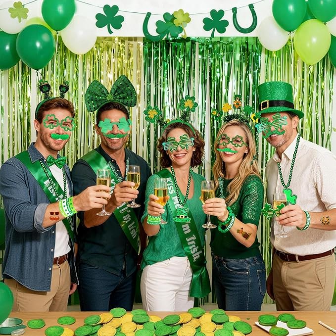160PCS St. Patrick's Day Accessories Party Favor Set, Shamrock Party Supplies Set with Green Bead Necklaces, Clover Glasses, Mustache, Lucky Coins, Temporary Tattoos, Irish Festival Party Decorations