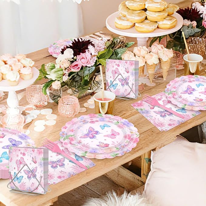 96 Pieces Butterfly Floral Tableware Set – Scalloped Edge Garden Flower Disposable Plates, Napkins, and Forks for Spring Birthday, Baby Shower, Tea Party, Mother’s Day Celebrations – Serves 24 Guests