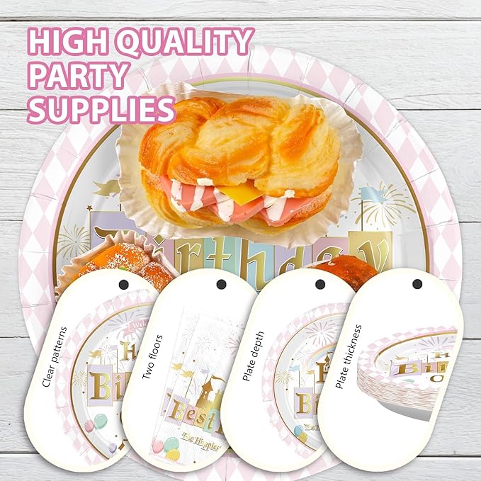 Grencian 96 Pcs Princess Castle Birthday Party Decorations Happy Birthday on Earth Paper Plates Pastel Rainbow Stripes Plates and Napkins Gold Glitter Tableware Set for Girl Baby Shower Supplies