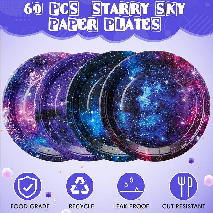 60 Pcs Galaxy Party Plates 9 Inch Astronaut Outer Space Paper Plates Starry Night Sky Birthday Party Supplies for Baby Shower Galaxy Planet Decoration