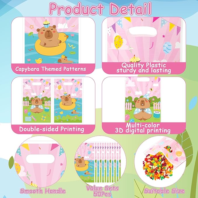Capybara Party Favor Bags - 50Pcs Pink Capybara Patterns Goody Candy Treat Bags, Cute Animals Themed Party Decorations for Kids Boys Girls Birthday Baby Shower Animals Events Supplies
