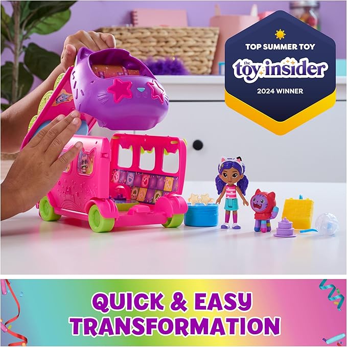 DreamWorks GABBY'S Dollhouse Celebration Party Bus, Transforming Playset with Gabby & DJ Catnip Toy Figures & Dollhouse Accessories, Kids Toys for Ages 3 and Up