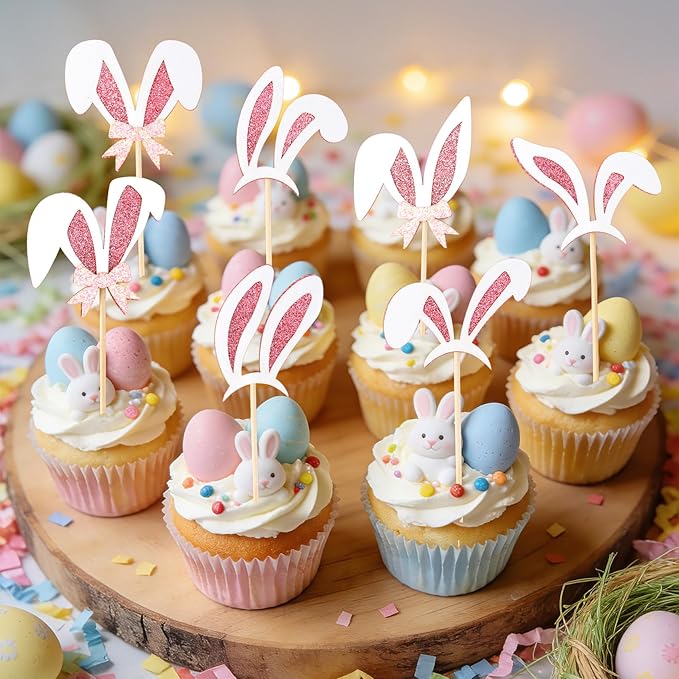 Easter Cupcake Toppers, 24 Pcs Easter Bunny Ear Cupcake Toppers, Glitter Pink Rabbit Ears Cupcake Picks Topper Easter Bunny Rabbit Cake Decorations for Easter Girls Birthday Party Decorations Supplies