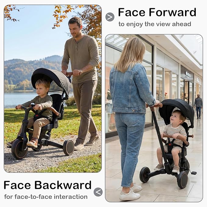 INFANS 9-in-1 Foldable Toddlers Tricycle, Converts Stroller to Balance Bike with Adjustable Push Handle, Canopy & Backrest, Pedal Conversion, Retractable Rear Wheels for 1-6 Years (Black)