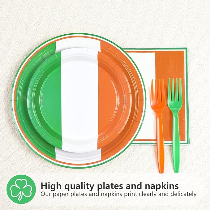 96Pcs St. Patrick's Day Party Supplies Disposable Irish Flag Paper Plates and Napkins Irish Themed Tableware Set for Country Decoration St Patricks Day Brithday Supplies, Serves 24