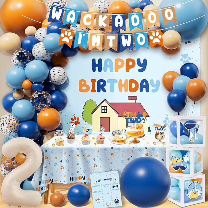 Blue Dog 2nd Birthday Party Supplies Blue & Orange Themed Second Birthday Decorations Backdrop Balloons Arch Box High Chair Banner Bday Party Idea for Baby Boys|Girls