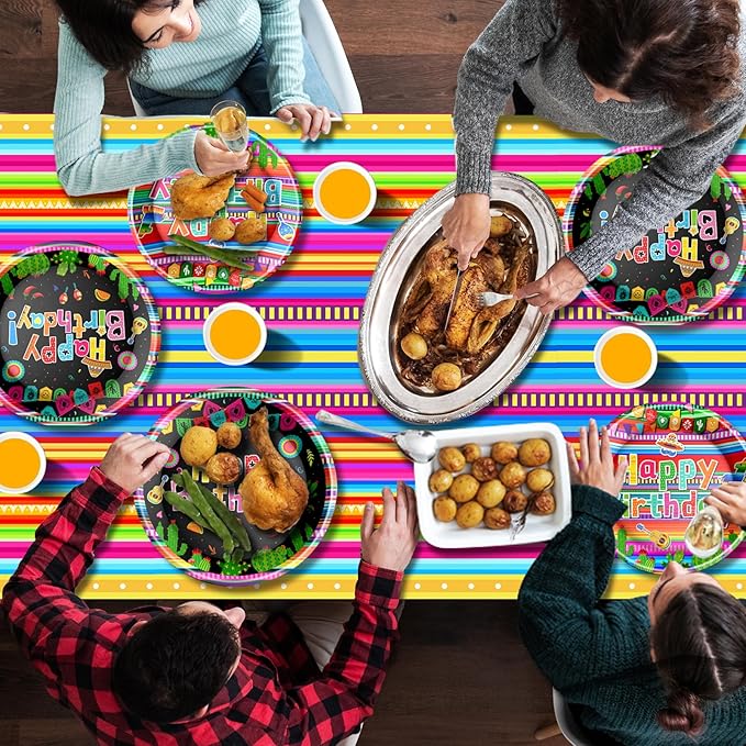 Mexican Fiesta Party Supplies Tableware Set Mexican Cinco De Mayo Themed Tableware with Paper Plates Napkins Cups Tablecloth Banner for Mexican Fiesta Party Decorations, Serves 24