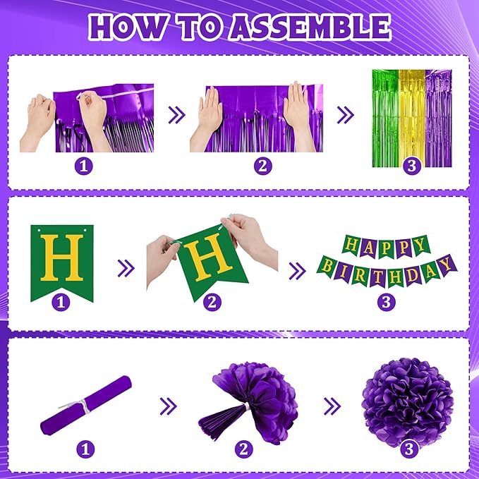 Purple Green Gold Party Decorations, Metallic Printed Confetti Balloons Fringe Curtain Happy Birthday Banner Circle Dots Garland Paper Pompom New Orleans Holiday Masquerade Party Supplies