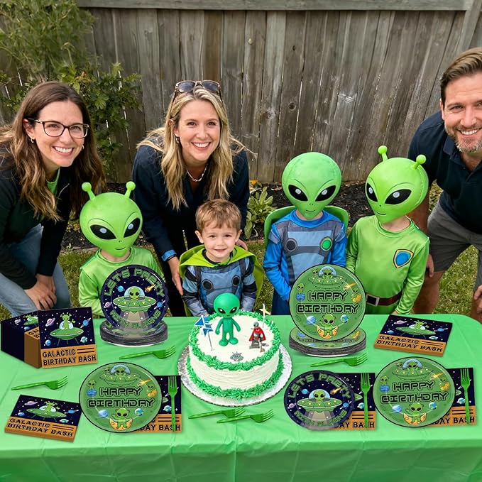 OBUSATT 96 Pcs Alien Theme Paper Plates and Napkins Outer Theme Space Birthday Party Supplies Galactic Birthday Tableware Set for Boys Girls Galaxy Party Decorations Favors for Serves 24