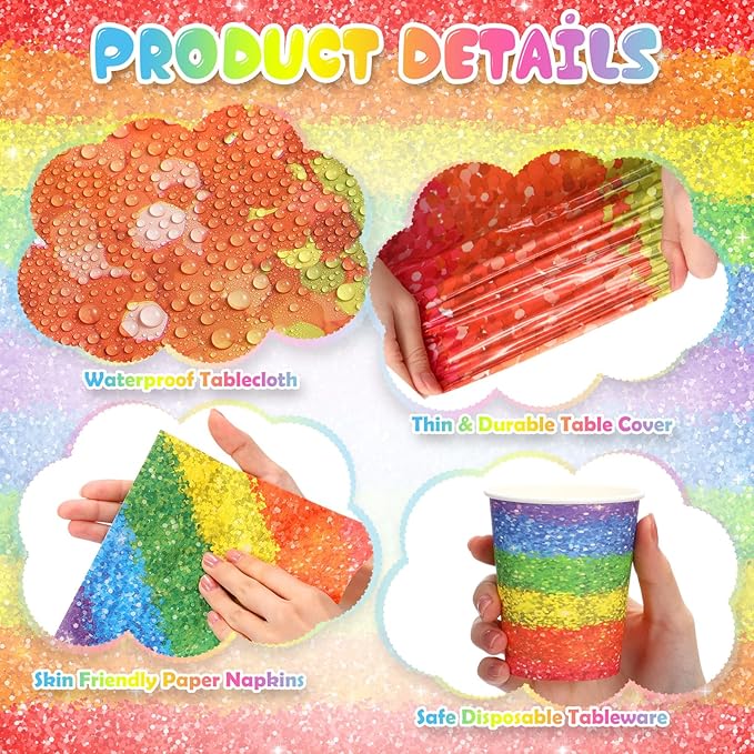 Zhehao 169 Pcs Rainbow Party Decorations Supplies with Disposable Tablecloths Plates Napkins Cups Straws Knives Forks Serve 24 Guests for Birthday Bridal Shower Rainbow Pride Party Favor (Colorful)
