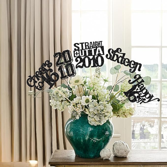 Gyufise 15Pcs Happy 16th Birthday Centerpiece Sticks Sixteen Straight Outta 2010 Table Flower Centerpieces Sticks for Cheers to 16th Birthday Party Supplies Black