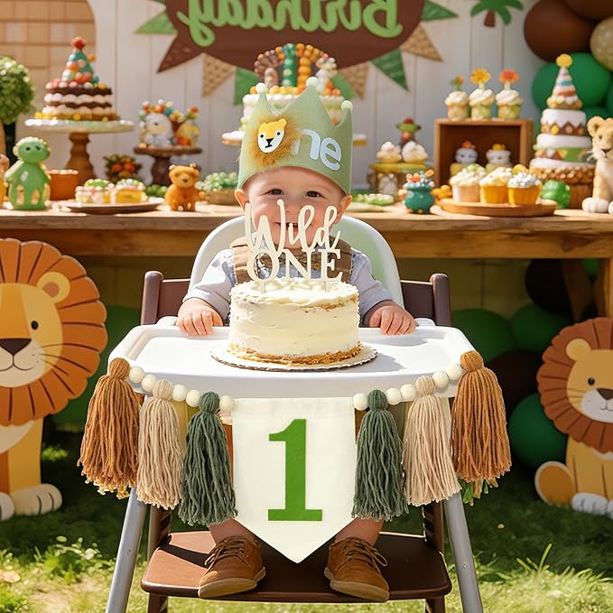 Wild One 1st Highchair Banner Wood Bead Tassel Garland Lion Crown Hat Wooden Cake Topper Birthday Party Decorations
