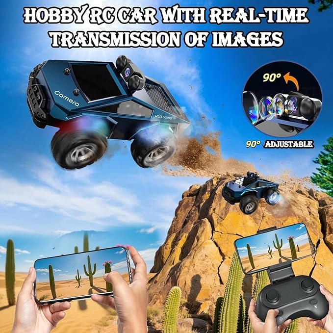 RC Car with Camera, 1/28 RC Monster Truck Toys with 720P HD FPV Camera, High Speed All-Terrain Remote Control Car, Racing Vehicle with Blinking Body Lights for Adults, Kids, Boys, Dual Control Modes