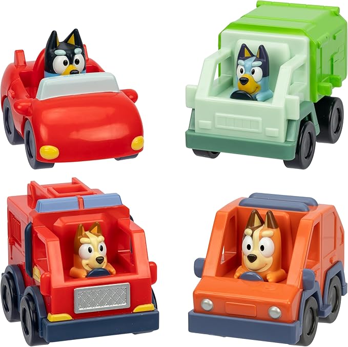 Bluey Mini Racers Toy Vehicles Set of 4, Garbage Truck, Convertible, Family Car, and Firetruck Small Toy Cars, Toddler Car Toys for Ages 3+