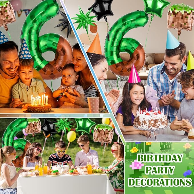 40 Inch Green Pixel Miner Number 6 Balloon Set, 7Pcs MIning Large Foil Balloon Video Game Themed Party Party Decorations for Kids' Anniversary Balloon Party Supplies Supplies
