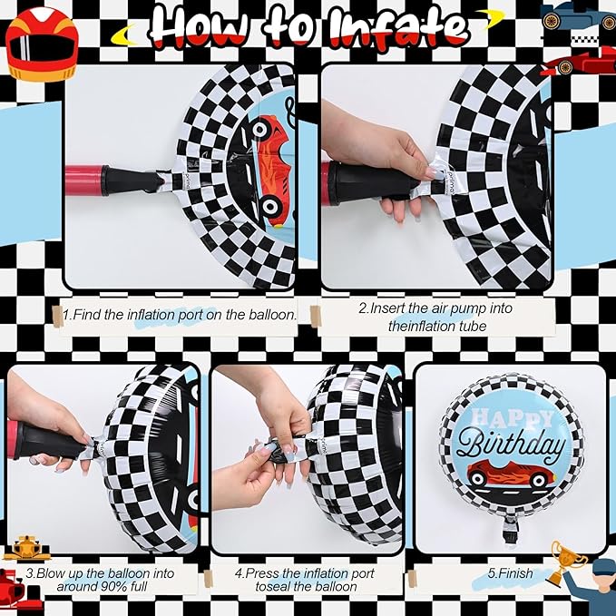 18 Inch Race Car Happy Birthday Balloons, 4pcs Black and White Checkered Racecar Foil Round Balloon, Two Fast One Birthday Decor for Kids Boys Racing Car Driver Monster Truck Theme Party Decorations