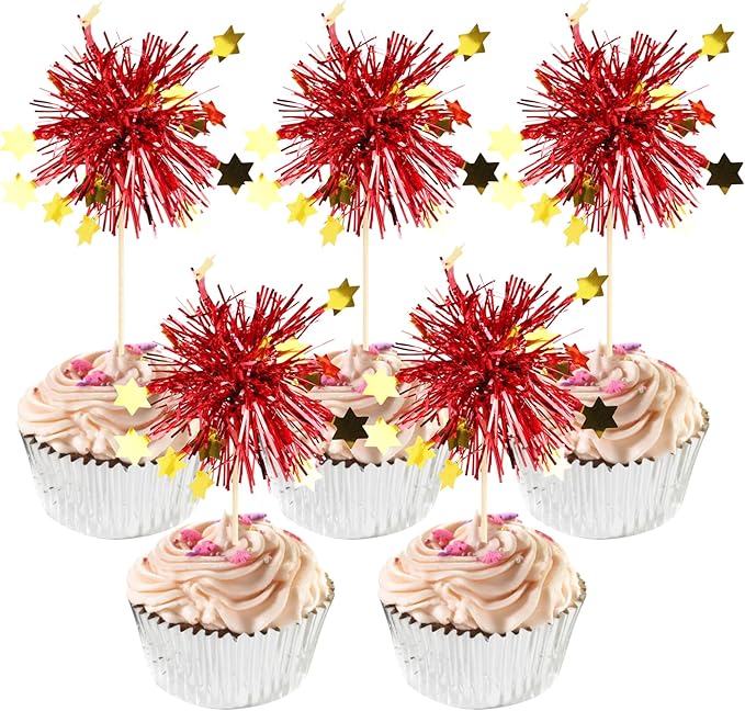 30 PCS Foil Firework Cupcake Toppers Happy Birthday Star Cupcake Picks Sparkle Tinsel Drink Stirrers Cocktail Fruit Toothpicks for Valentine's Day Wedding Birthday Party Decorations Supplies Red