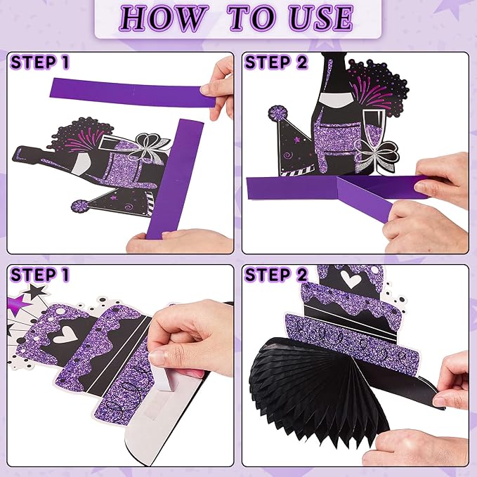 Clabby 12 Pcs Purple Black Birthday Decorations Purple Happy Birthday Table Centerpieces Honeycomb Cute Table Top for Women Men Photo Best Wishes Anniversary Party Supplies 20th 30th 40th 50th 60th