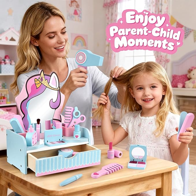 Atoylink Wooden Makeup Vanity Set for Girls, Unicorn Pretend Play Kids Table Toys with Mirror, Drawer, Hair Salon Set & Makeup Accessories, Gift About Princess Dress Up for Toddlers Aged 3, 4, 5-8