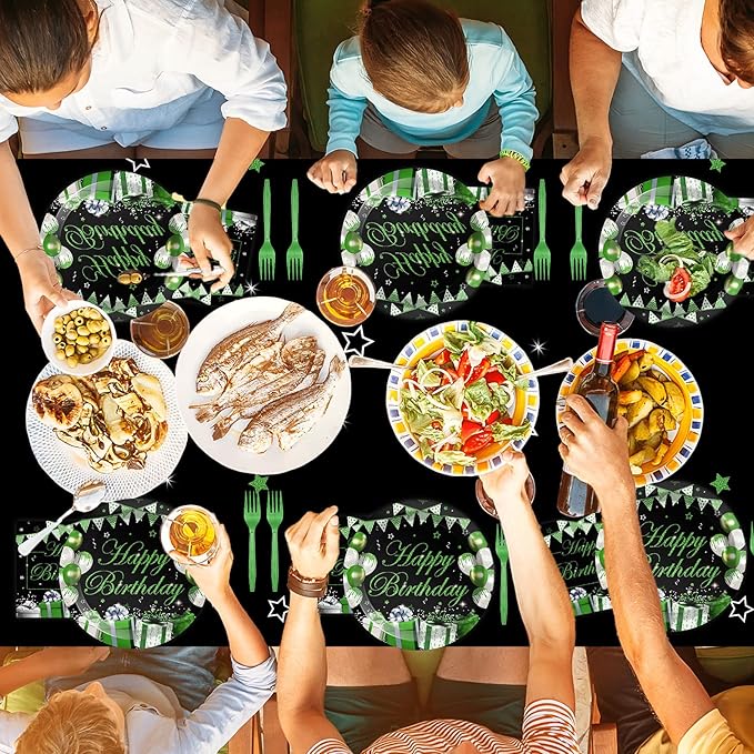 61 Pcs Green Silver Black Birthday Decorations Green Themed Party Tableware Set Confetti Sprinkles Decor Includes Plates Napkins Tablecloth for Men Women Dinner Gathering Supplies Serves 20 Guests