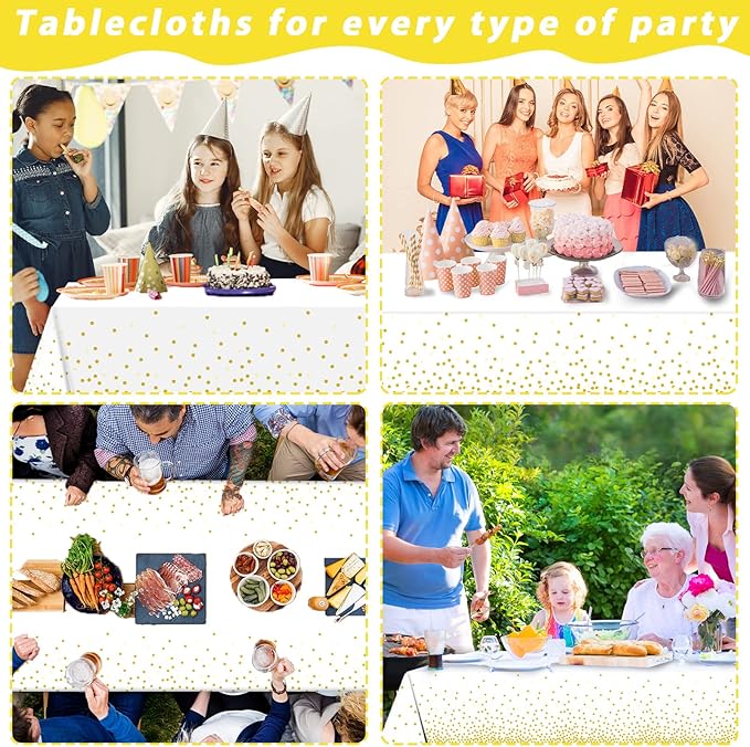 White Golden Dots Tablecloth Roll 52 in x 100 Ft Wedding Party Supplie Gold Dot Party Table Cover for Indoor Outdoor Events Family Banquet Picnic Parties and Celebrations（Plastic ）