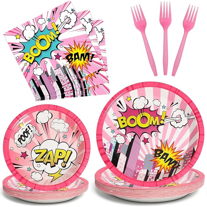 96 Pcs Super Girl Hero Plates and Napkins Party Supplies Pink Comic Heroes Tableware Set Super Theme Hero Party Decorations Favors for Girl Birthday Baby Shower Serves 24