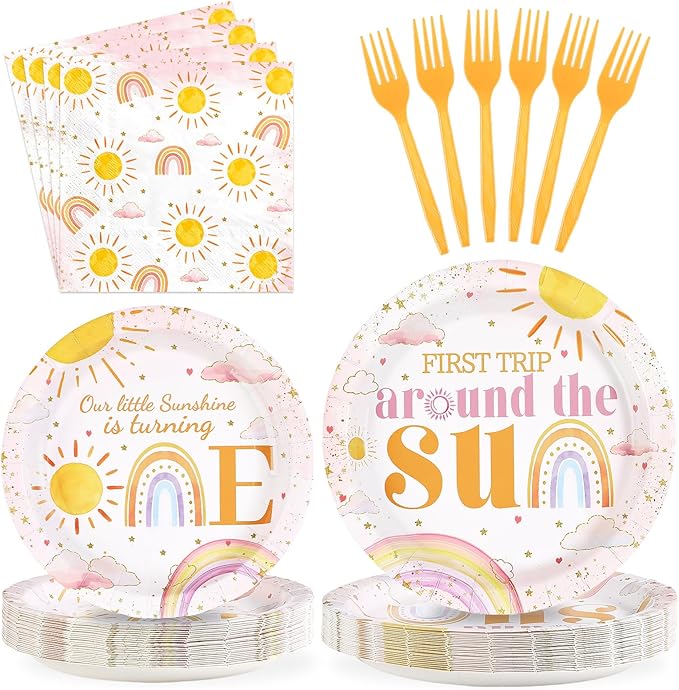 96Pcs First Trip Around The Sun Birthday Decorations for Girls Boho Sun 1st Birthday Plates and Napkins Sets Bohemian Sunshine Party Decorations for Baby Shower One Year Old Party Supplies Serves 24