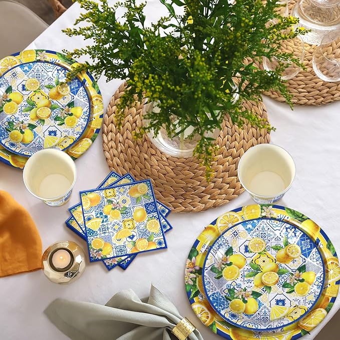 Hsei 250 Pcs Capri Lemon Plates and Napkins Party Decorations Disposable Tableware Sets Festival Birthday Party Supplies Serves 50 Guests Dinnerware Bridal Shower Party Favors