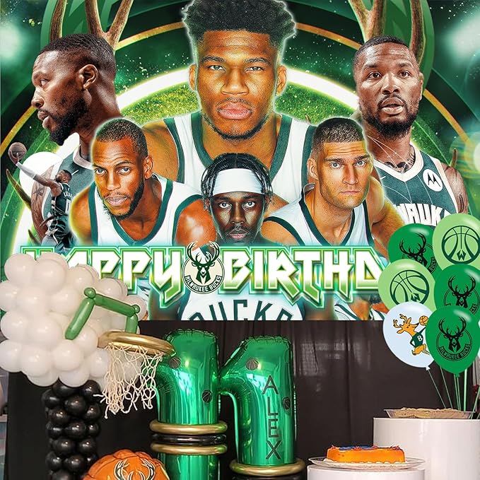 Milwaukee Basketball Birthday Party Decoration,Bucks Party Photo Background 5 x 3 FT and 18 Pcs Balloon,Merch Party Backdrop Supplies
