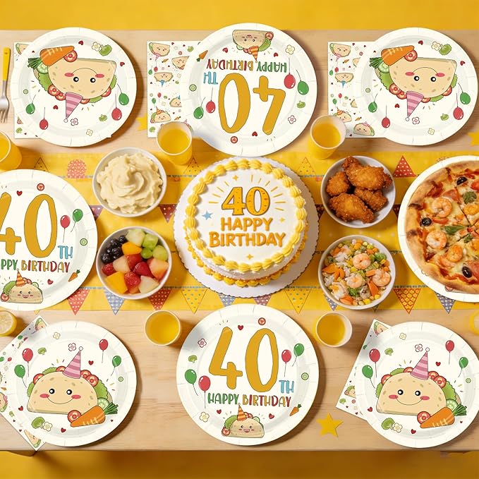 96Pcs Taco 40th Birthday Party Decorations for Men Happy 40th Birthday Plates and Napkins Sets Yellow Cute Taco Themed Decorations for Adult 40 Years Old Bday Party Supplies Serves 24