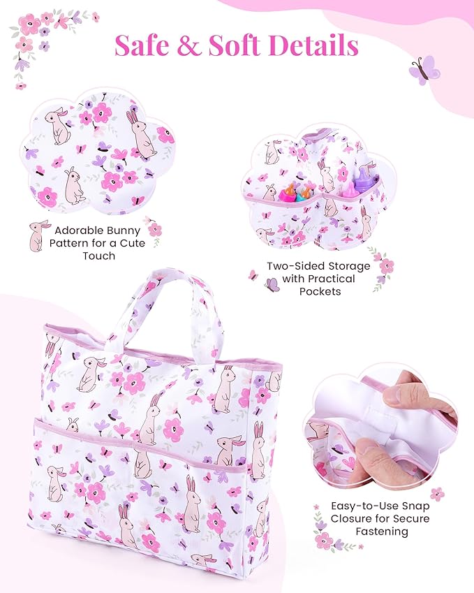 BABESIDE Baby Doll Accessories – 12 Pcs Baby Doll Diaper Bag Playset with Changing Mat & Magic Bottles, Role Play Gift for Girls 3+, Fits Dolls up to 20 Inch (Doll Not Included)