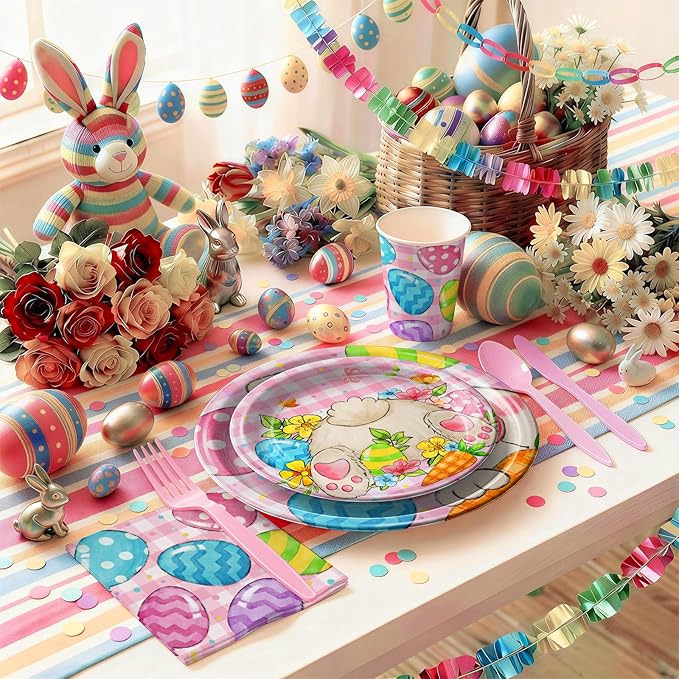 168PCS Easter Party Supplies Easter Egg Party Decorations with Pink Plaid Bunny Paper Plates and Napkins Cups for Spring Themed Easter Birthday Party Serves 24