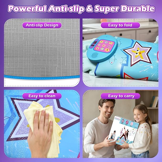 Dance Mat, Ocean-Themed Dance Game Toy Pad with LED Lights, Gift for Kids Girls 3-12, Adjustable Volume, Built-in Music, 5 Challenge Levels, Non-Slip & Foldable Rhythm Step Play Mat