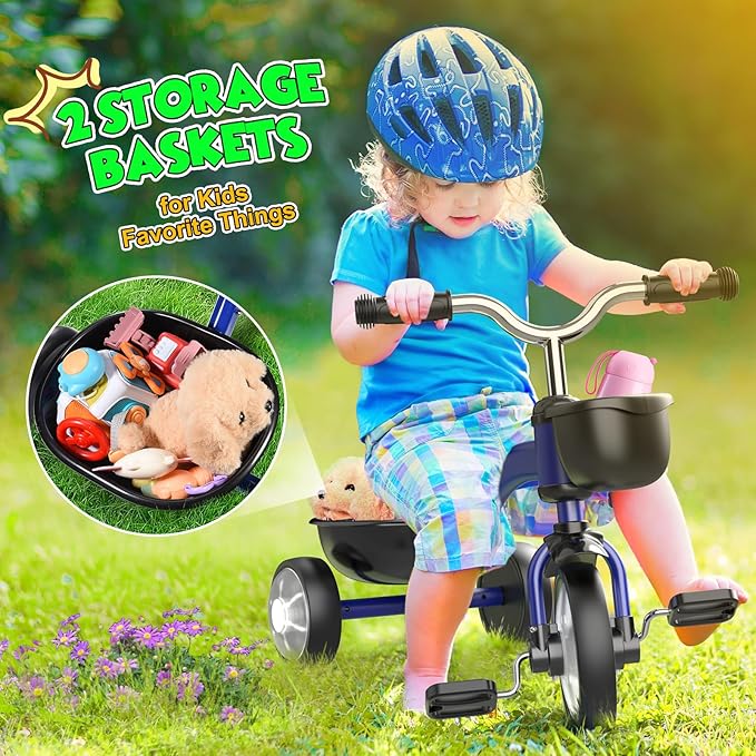 Toddler Tricycle for 1-3 3-4 Year Olds, 2 3 4 Year Old Boys Girls Birthday Gifts, Toddler Toys Baby Bike, Outdoor Toys for Ages 2-4, 3-Level Adjustable Seat, 3 Color Light Wheels, 2 Baskets