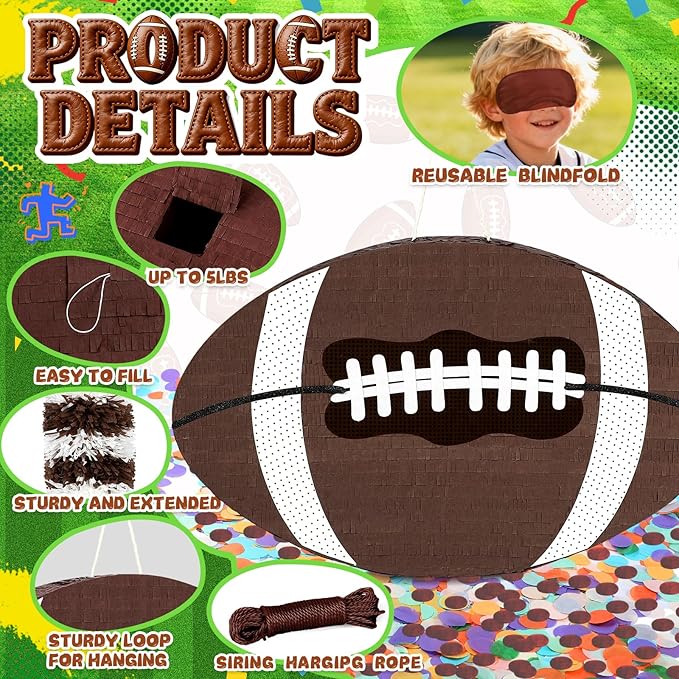 25" Football Pinata for Birthday Party, Sports Themed Party Decorations with Stick & Blindfold, Small American Football Pinata for Kids Boys, Fillable Paper Mache Centerpiece for Game Day Event Favors