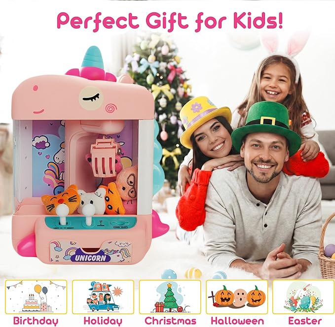 Claw Machine for Kids - Mini Arcade Game - Vending Machine - Candy Grabber Toys - Silent Mode, Lights, USB - Plush Toys & Easter Eggs, Surprise Stickers - Fun Gift for Kids, Boys & Girls (Unicorn)