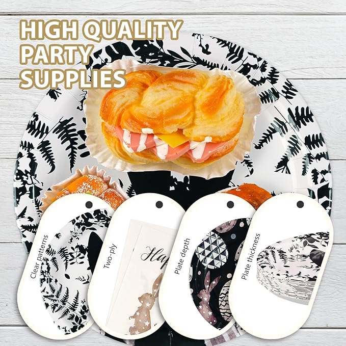 96Pcs Easter Bunny Decorations Easter Bunny Eggs Plates and Napkins Black and White Rabbit Eggs Disposable Tableware for Spring Outdoor Home Party Decorations
