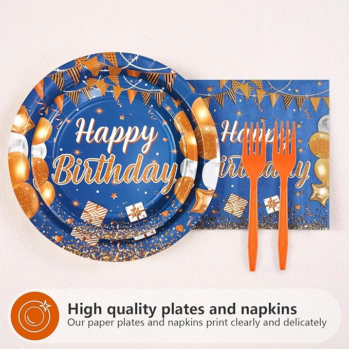 96 Pcs Happy Birthday Party Decorations Blue and Orange Plates and Napkins Disposable Navy Blue Orange Tableware Set for Boys Girls Men Women Birthday Anniversary Party Supplies Serves 24
