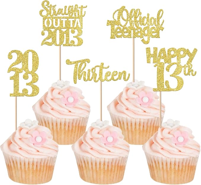 30PCS Happy 13th Birthday Cupcake Toppers Gold Glitter Thirteen Straight Outta 2013 Cupcake Picks Cheers to 13 Years Cake Decorations for 13th Birthday Anniversary Party Decoration Supplies