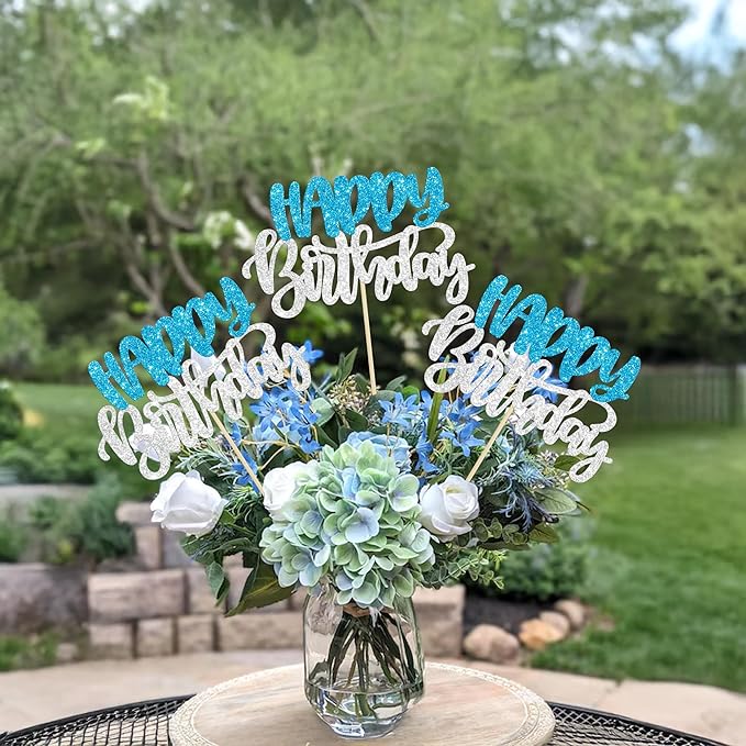 Gyufise 12Pcs Happy Birthday Centerpieces Sticks Double Sided Glitter Birthday Party Decorations Anniversary Table Flower Centerpiece for Celebrating Party Supplies Blue Silver
