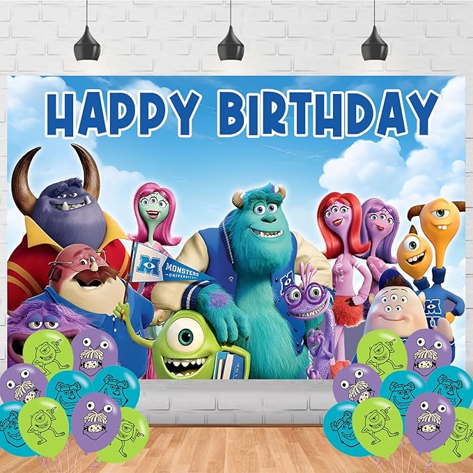 Monster Cartoon University Birthday Photography Backdrop 5x3ft Photo Background Monster Happy Birthday Banner for Cartoon Party Supplies Decorations(5x3ft)