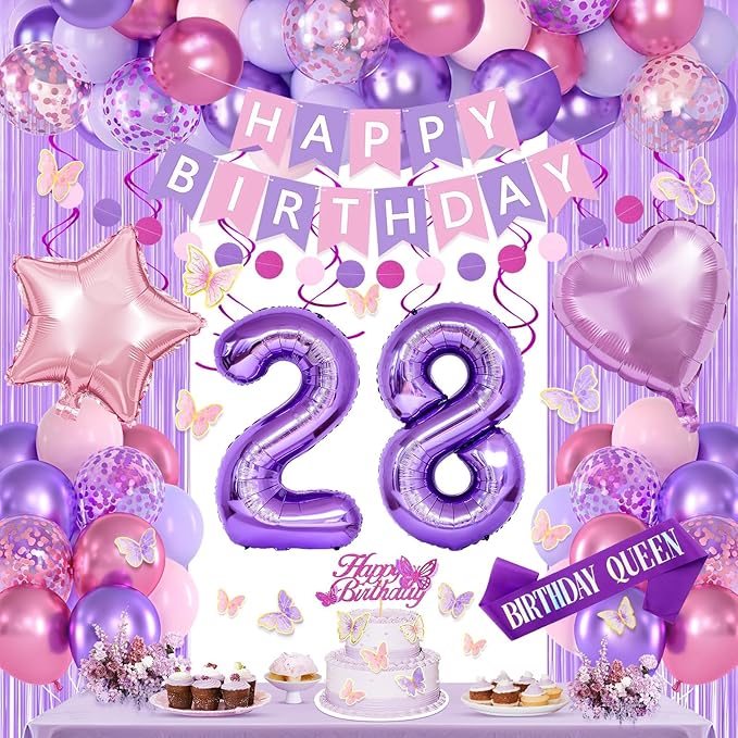 28th Purple Birthday Decorations for Women, Pink and Purple Happy 28 Birthday Party Decorations with Happy Birthday Banner, Number Foil Balloons, Butterfly Cake Topper for 28th Party Supplies