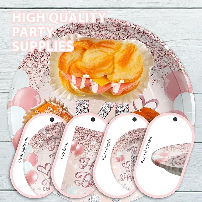Grencian 96Pcs 14th Birthday Party Supplies Disposable Rose Gold 14 Year Old Birthday Plates Napkins Forks Tableware Set 14th Birthday Decorations for Girls Happy 14th Birthday Fabulous Party Serve 24