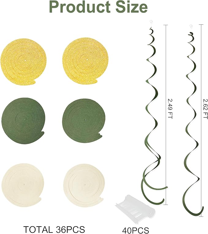 36Pcs Sage Green Gold Hanging Swirl Decorations Glitter Gold Olive Green Beige Felt Swirl Streamer Spiral Ceiling Garland for Wild One Jungle Woodland Safari Neutral Birthday Baby Shower Wedding Party