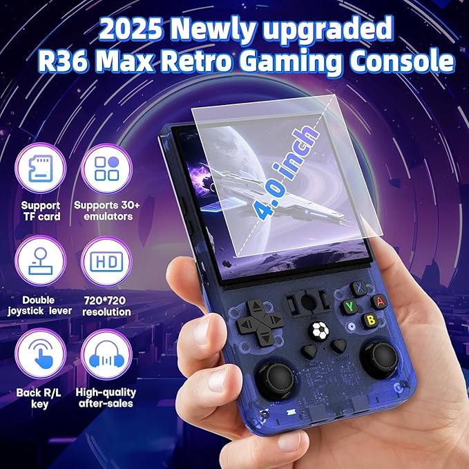 R36MAX Retro Handheld Game Console, 4.0 inch Retro Gaming Console with 64GB Memory, Portable Retro Video Games Console, 4000mAh Battery, Support 30+ Emulators, Transparent Blue