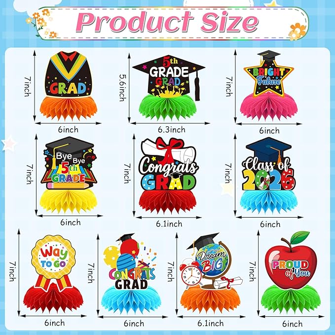 5TH Grade Graduation Party Decorations 2026, 10Pcs Elementary Graduation Honeycomb Centerpieces for Table Congrats Grad Table Topper Decor for Elementary Graduation Party Supplies