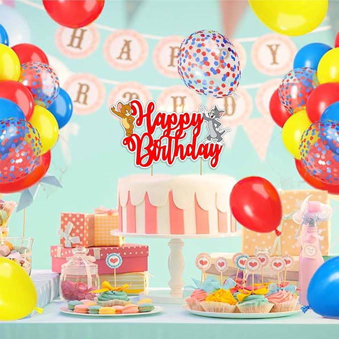 "Tom & Jery Happy Birthday Cake Topper – Cartoon Theme Birthday Party Supplies – Fun and Colorful Cake Decoration – Perfect Cake Decoration for Boys and Girls – Cartoon Party Supplies "