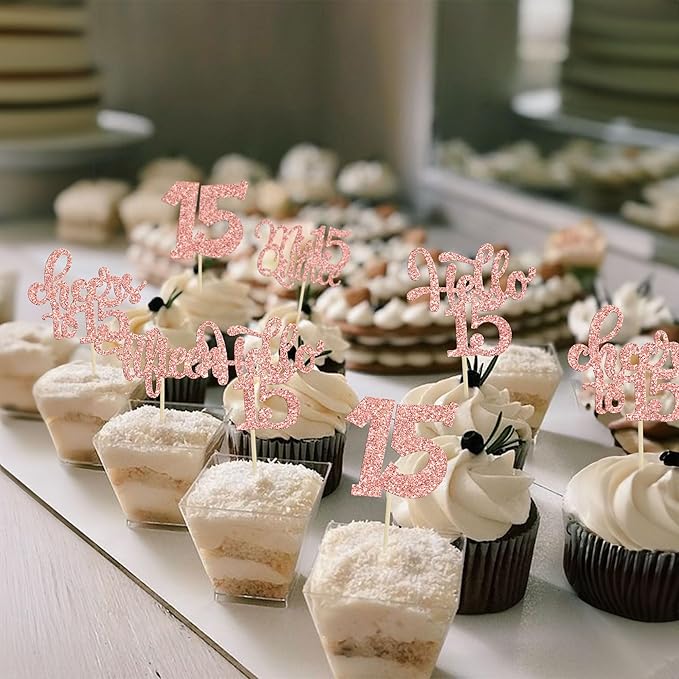 30Pcs 15th Birthday Cupcake Toppers Fifteen Cupcake Picks Cheers to 15 Years Old Mis Quince 15 Cake Decorations for 15th Birthday Anniversary Party Rose Gold Glitter