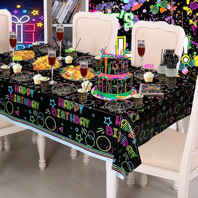 Glow Neon Party Supplies - Neon Balloon, Glow in the Dark Happy Birthday Banner, Hanging Swirls, Cake Topper, Tablecloth, Plates, Napkins, Cup for Blacklight Party Decorations, Serves 20 Guest