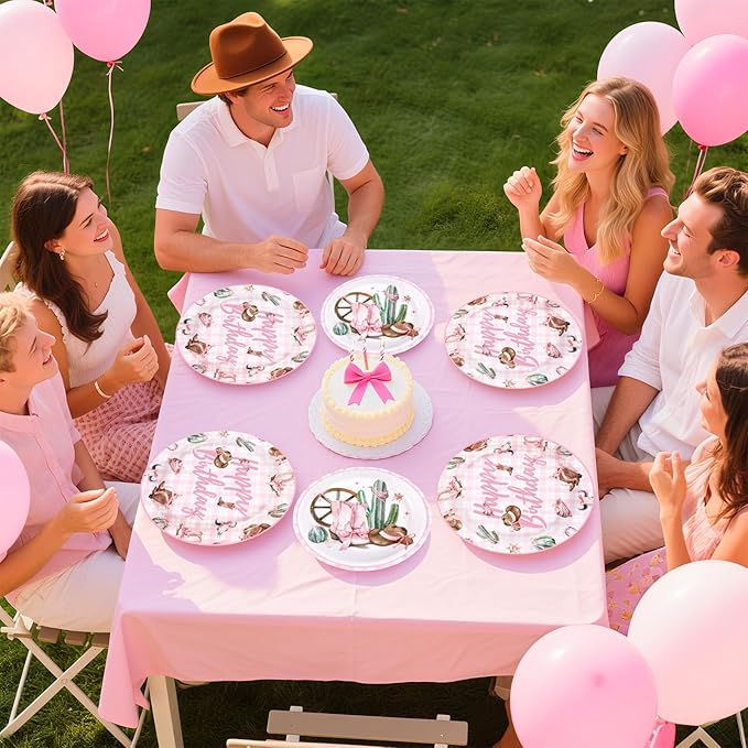Grencian 96Pcs Western Cowgirl Birthday Party Decorations Coquette Bow Cowgirls Plates and Napkins Pink Cowgirls Tableware for Girls Western Birthday Baby Shower Party, Serves 24